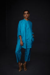 EMBROIDERED TUNIC TROUSER SET- TURQUOISE BLUE