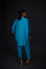 EMBROIDERED TUNIC TROUSER SET- TURQUOISE BLUE