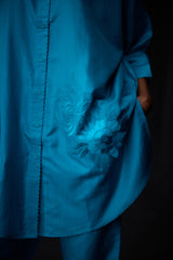 EMBROIDERED TUNIC TROUSER SET- TURQUOISE BLUE