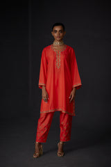 EMBROIDERED TUNIC TROUSER SET- SCARLET RED