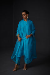 EMBROIDERED TUNIC TROUSER SET- TURQUOISE BLUE