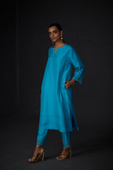 EMBROIDERED TUNIC TROUSER SET- TURQUOISE BLUE