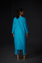 EMBROIDERED TUNIC TROUSER SET- TURQUOISE BLUE