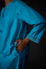 EMBROIDERED TUNIC TROUSER SET- TURQUOISE BLUE