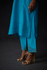 EMBROIDERED TUNIC TROUSER SET- TURQUOISE BLUE