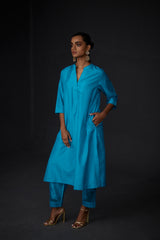 EMBROIDERED TUNIC TROUSER SET- TURQUOISE BLUE