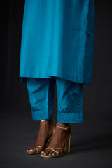 EMBROIDERED TUNIC TROUSER SET- TURQUOISE BLUE