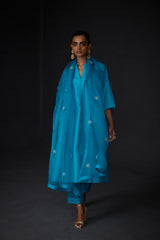 EMBROIDERED TUNIC TROUSER SET- TURQUOISE BLUE