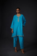 EMBROIDERED TUNIC TROUSER SET- TURQUOISE BLUE