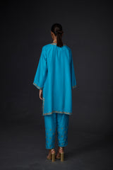 EMBROIDERED TUNIC TROUSER SET- TURQUOISE BLUE