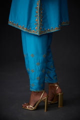 EMBROIDERED TUNIC TROUSER SET- TURQUOISE BLUE