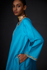 EMBROIDERED TUNIC TROUSER SET- TURQUOISE BLUE