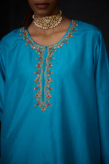EMBROIDERED TUNIC TROUSER SET- TURQUOISE BLUE