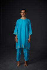 EMBROIDERED TUNIC TROUSER SET- TURQUOISE BLUE