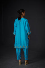 EMBROIDERED TUNIC TROUSER SET- TURQUOISE BLUE