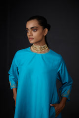 EMBROIDERED TUNIC TROUSER SET- TURQUOISE BLUE