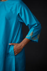 EMBROIDERED TUNIC TROUSER SET- TURQUOISE BLUE