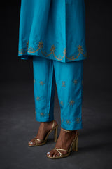 EMBROIDERED TUNIC TROUSER SET- TURQUOISE BLUE