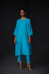 EMBROIDERED TUNIC TROUSER SET- TURQUOISE BLUE