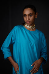 EMBROIDERED TUNIC TROUSER SET- TURQUOISE BLUE