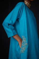 EMBROIDERED TUNIC TROUSER SET- TURQUOISE BLUE