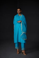 EMBROIDERED TUNIC TROUSER SET- TURQUOISE BLUE