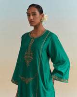 EMBROIDERED TUNIC TROUSER SET- EVER GREEN/ PERSIAN BLUE