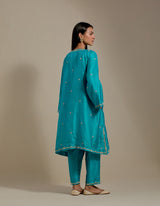EMBROIDERED TUNIC TROUSER SET- TURQUOISE BLUE