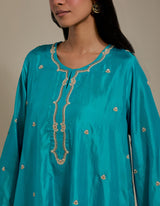 EMBROIDERED TUNIC TROUSER SET- TURQUOISE BLUE