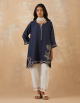 EMBROIDERED TUNIC TROUSER SET- NAVY NOIR/VANILLA