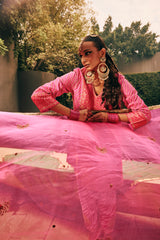 EMBROIDERED SILK BROCADE & LEHERIA SET- HOT PINK