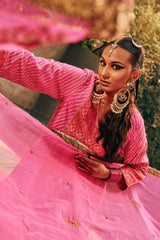 EMBROIDERED SILK BROCADE & LEHERIA SET- HOT PINK