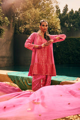 EMBROIDERED SILK BROCADE & LEHERIA SET- HOT PINK