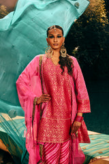 EMBROIDERED SILK BROCADE & LEHERIA SET- HOT PINK