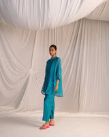 EMBROIDERED TUNIC TROUSER SET- TURQUOISE BLUE