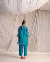 EMBROIDERED TUNIC TROUSER SET- TURQUOISE BLUE