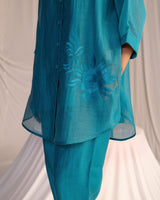 EMBROIDERED TUNIC TROUSER SET- TURQUOISE BLUE