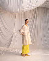 EMBROIDERED TUNIC TROUSER SET- CHAMPAGNE/LIME GREEN