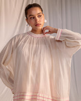 EMBROIDERED TUNIC TROUSER SET-CHAMPAGNE/PINK