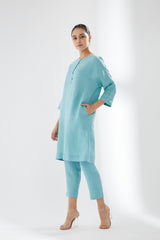 Drop-shoulder, Button-up Tunic With Pants