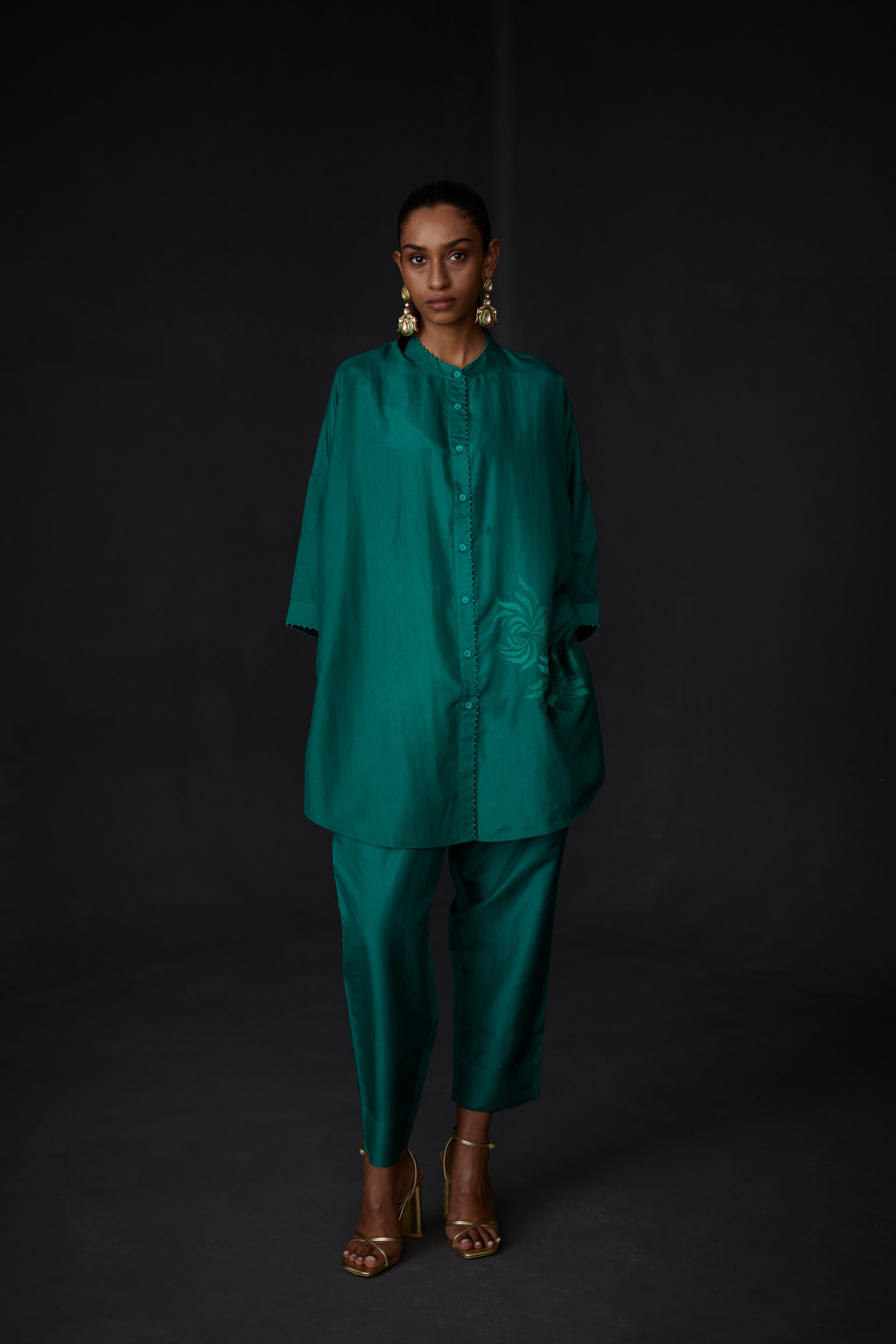 EMBROIDERED TUNIC TROUSER SET- EVER GREEEN – BRIH