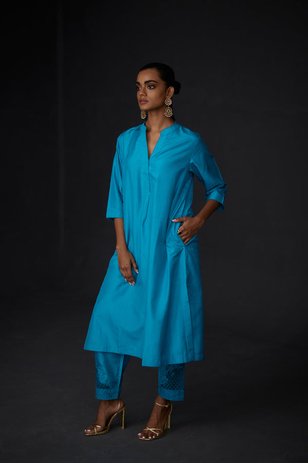EMBROIDERED TUNIC TROUSER SET- TURQUOISE BLUE
