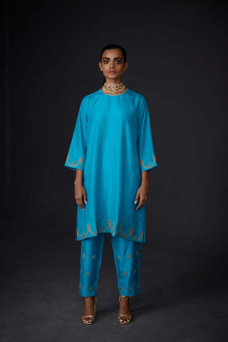 EMBROIDERED TUNIC TROUSER SET- TURQUOISE BLUE