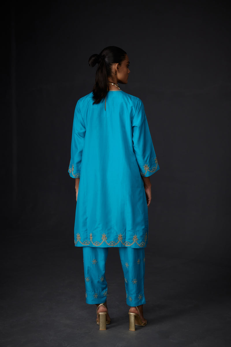EMBROIDERED TUNIC TROUSER SET- TURQUOISE BLUE