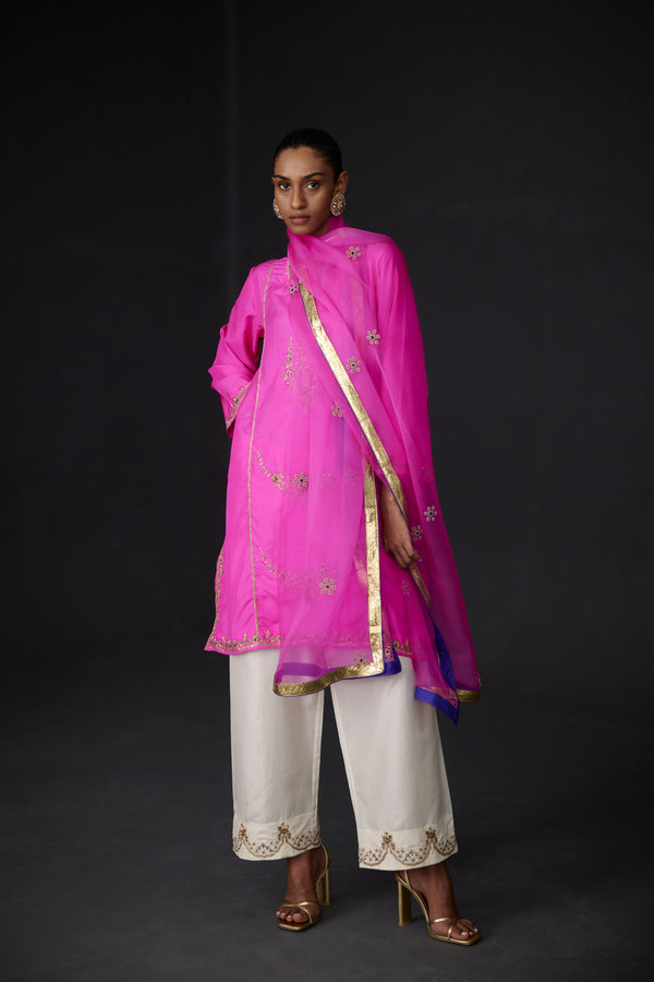 EMBROIDERED TUNIC TROUSER SET- HOT PINK