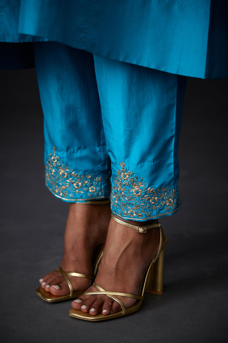 EMBROIDERED TUNIC TROUSER SET- TURQUOISE BLUE
