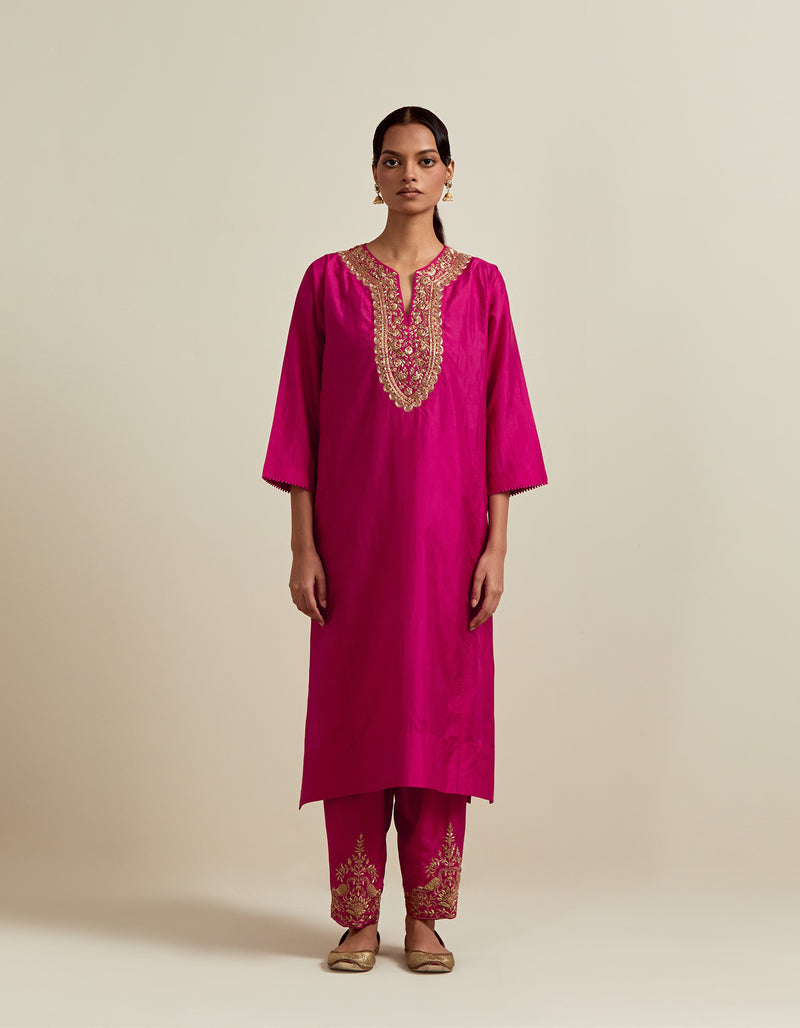 EMBROIDERED TUNIC TROUSER SET- FUSCHIA