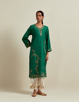 EMBROIDERED TUNIC TROUSER SET- GREEN/IVORY