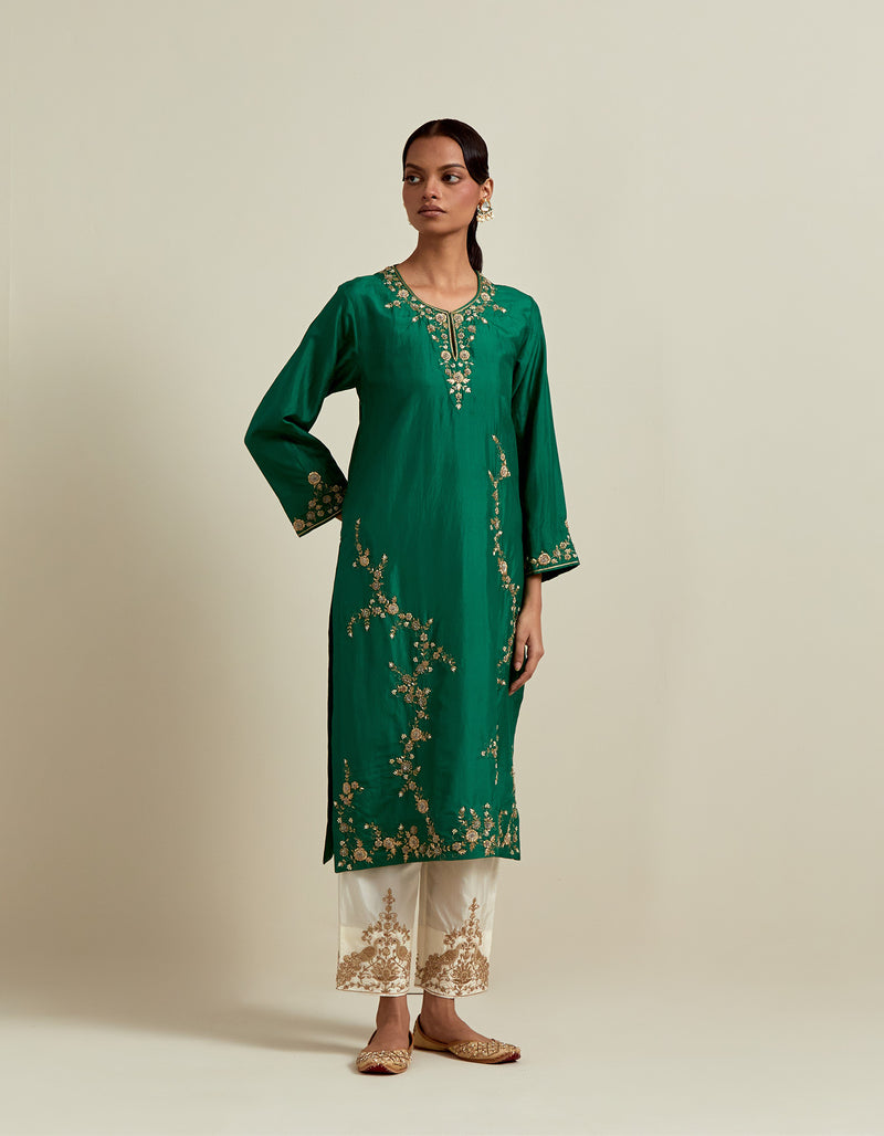 EMBROIDERED TUNIC TROUSER SET- GREEN/IVORY