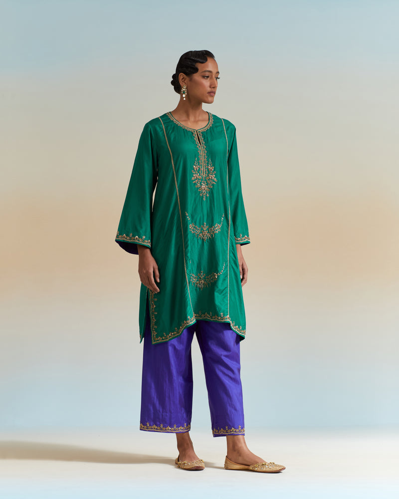 EMBROIDERED TUNIC TROUSER SET- EVER GREEN/ PERSIAN BLUE